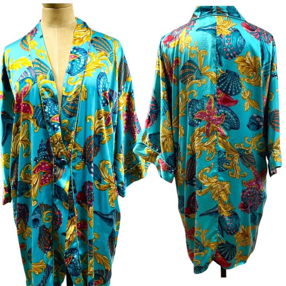 Vtg Silk Victorias Secret Robe Teal Gold Sea Shell Baroque Kimono Print 90s